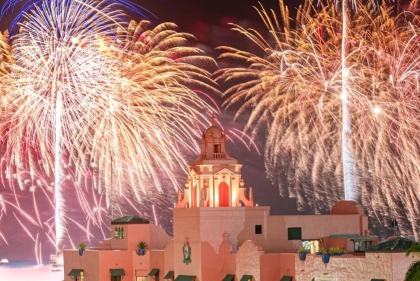 夜空いっぱいに花火が咲き誇り、ピンク・パレスを幻想的に照らす。