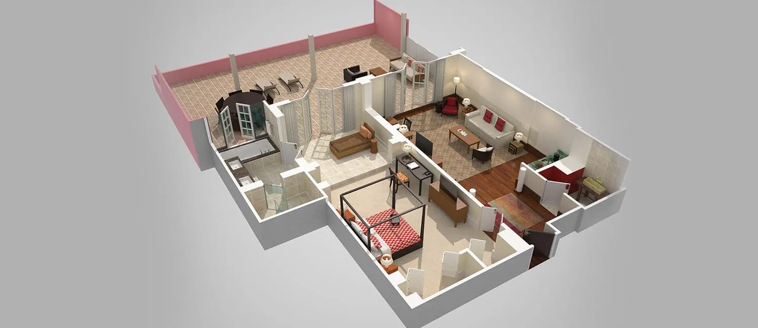 カメハメハスイートの間取り図。広々としたリビングとオーシャンビューのテラス